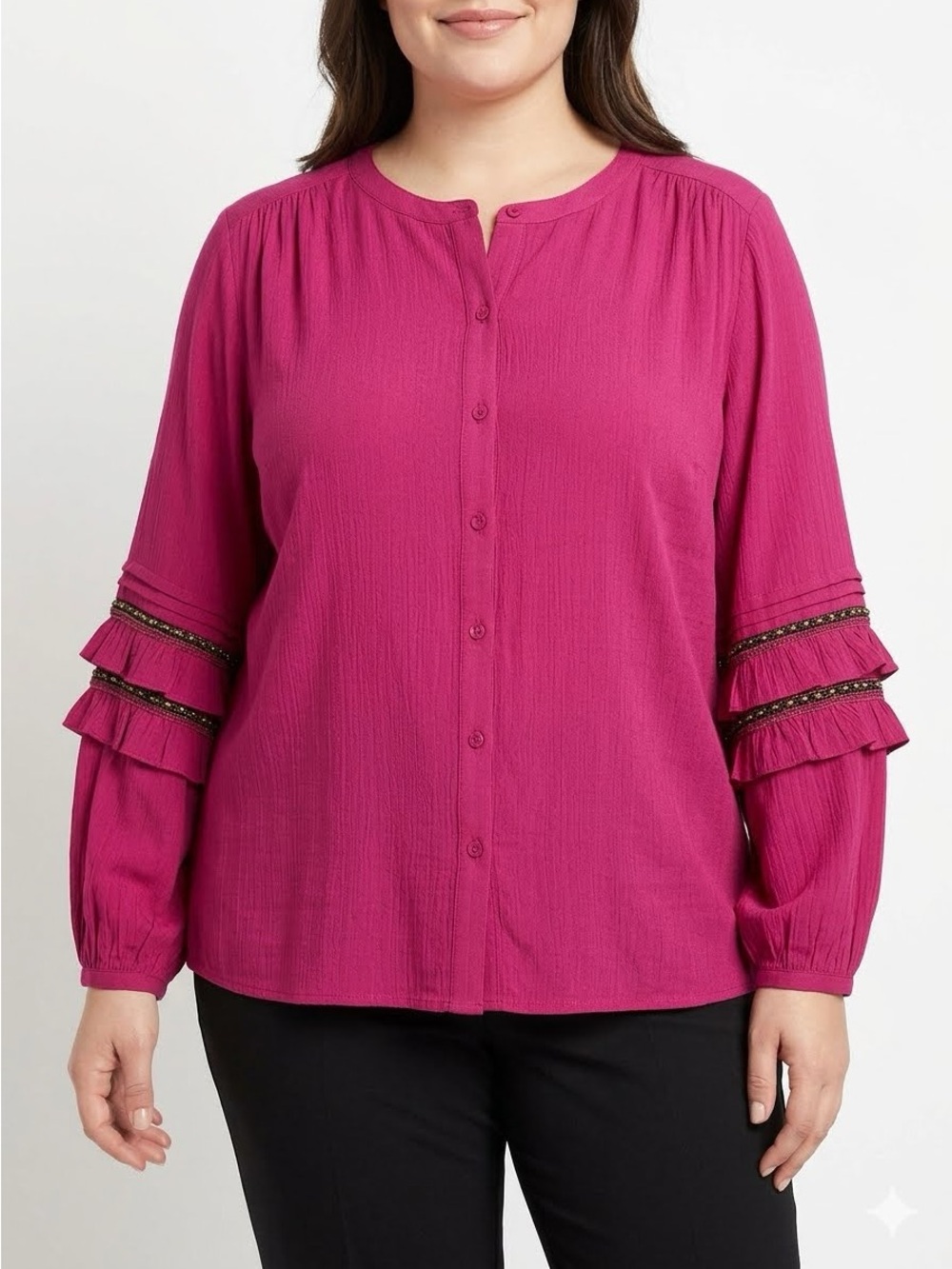 Chico's Orchid Flower Button-Front Beaded Ruffle Sleeve Blouse Size 4
